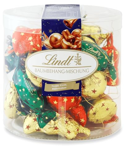 Lindt Schokolade Baumbehang Mischung | 12 x 484 g Köcher | 3 köstliche Spezialitäten: Cresta, Nougat, Blätterkrokant | Schokoladen-Geschenk zu Weihnachten | Weihnachtsschokolade