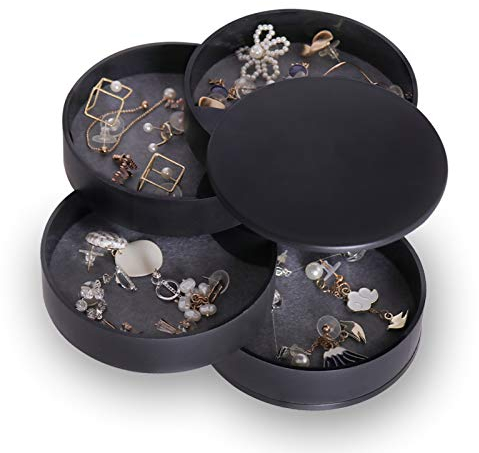 INMORVEN Schmuckaufbewahrung Schmuckkästchen Mädchen Schmuckkasten Damen Schmuckschatulle Schmucktabletts 4 Ebenen Drehbar Schmuckdose für Ring Ohrringe Aufbewahrung Halskette Haargummi(Schwarz)