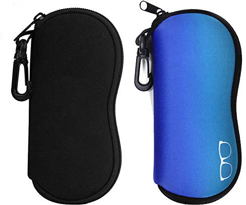 Nobranded 2 Stück Neopren Brillenetui, Weiche Neopren Reißverschluss Tragbare Brillen Tasche, Schützend und Leicht, mit Karabinerhaken, für Männer und Frauen (Schwarz, Blau)