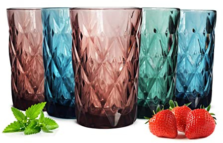 Sendez 6 färgade dricksglas 350 ml med strukturerad yta genomfärgat glas i grönblått och violett perfekt för dagligt bruk