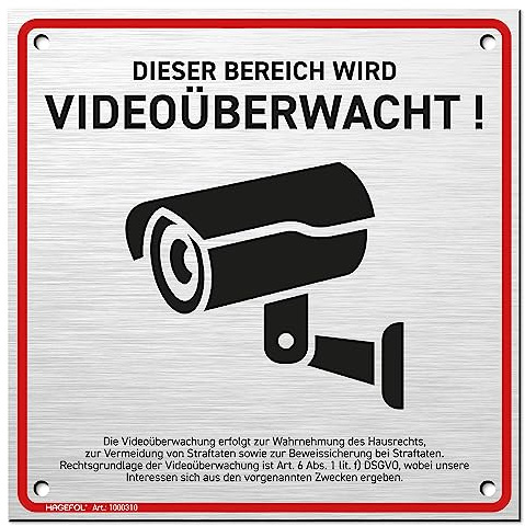 HAGEFOL® Schild Videoüberwachung (15x15 cm - klein) mit DSGVO Hinweis, inkl. 4 Bohrlöcher, Kamera Warnhinweis für Überwachungskamera oder Kamera Attrappe (Aluminium gebürstet)