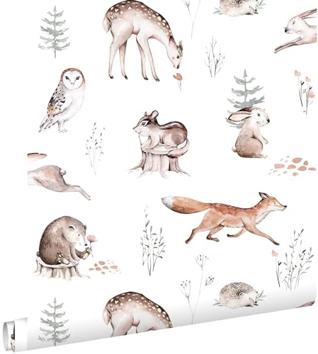papier peint animaux de la forêt vintage blanc, orange et marron 53 cm x 10.05 m - ESTAhome