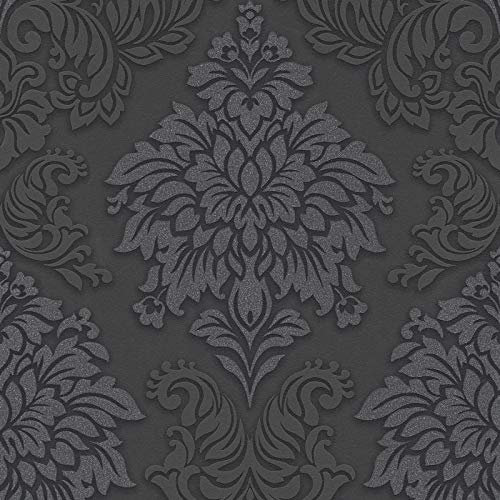 Papier peint intissé baroque anthracite pailleté | Tapisserie florale noire argenté pour salon | Papier peint néo-baroque chic