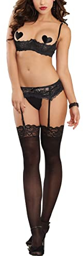 ROSVAY Ensemble de lingerie sexy en dentelle pour femme 4 pièces Soutien-gorge à balconnet avec cache-tétons Porte-jarretelles bas et string, jarretières Lingerie féminine, Lingerie sous-vêtements