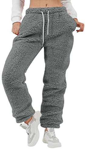 ORANDESIGNE Pantalon Jogging Chaud Femme Polaire Hiver Long Bas de Pyjama Pantalon Souple D'interieur Crayon Trousers Chic et Elegant Casual Jogger Pants Gris L