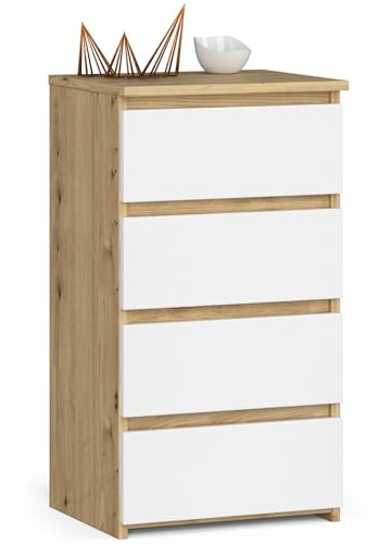AKORD Kommode CL4 40 cm | 4 Schubladen | Schrank | für das Wohnzimmer | für das Schlafzimmer | B40 x H74 x T35 cm | Gewicht 18,4 kg | Artisan Eiche/Weiß