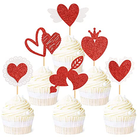 Blumomon 24 Stück Glitzer Happy Valentine's Day Cupcake Topper Love Heart Amor Kuchen Dekorationen für süße Liebe Hochzeit Verlobung Valentinstag Brautdusche Party Kuchen Dekorationen