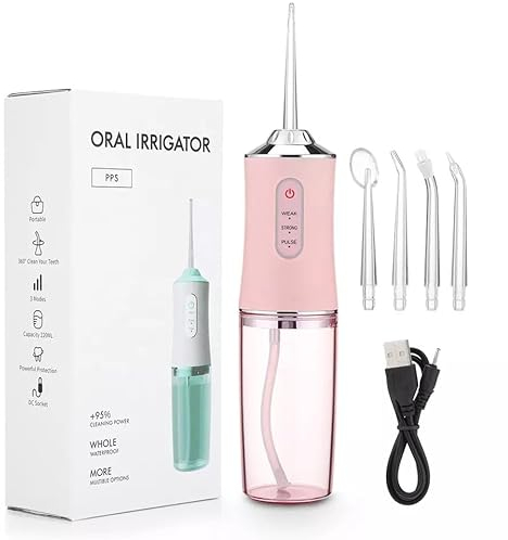 Water Flosser Cordless Oral Irrigator Mini Portable 220ml Sink USB Rechargeable IPX7 Waterproof Electric Dental Flossers 3 Modes with 4 Nozzles Waterproof 360° Rotating (Pink)