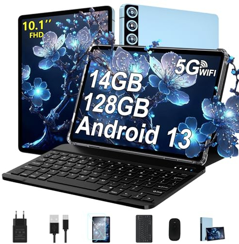 ZIOVO Android 13 Tablette 10 Pouces 14Go RAM + 128Go ROM (1To TF), Octa-Core, 2.0GHz, 5G+2.4G WiFi, 8000mAh,BT 5.0, 5+8MP,GMS Certified, Coque métallique,Tablette Tactile avec Clavier et Souris - Bleu