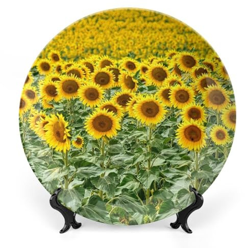 Sunflowers Flowers Field Decorative Plate for Wall Ceramic Home Wobble-Plate with Display Stand Table Decor Ornament Thanksgiving Christmas Decoration Porcelain Dinner Plate Dessert Dish 8