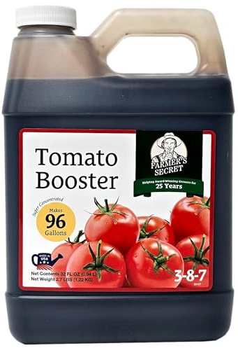 Farmer's Secret Fertilizante potenciador de tomate (32 onzas), súper concentrado, relación 3:8:7 fortificado con ácido húmico, hierro y calcio, cultiva más tomates