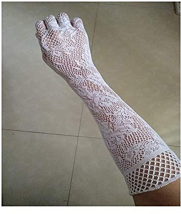 SePkus 2 Paar Netzhandschuhe mit floraler Schleife und Spitze, Lange Handschuhe für Damen, Braut, Hochzeit, Party, Kostüme (Farbe: Schwarz, Größe: L) (Weiß L)