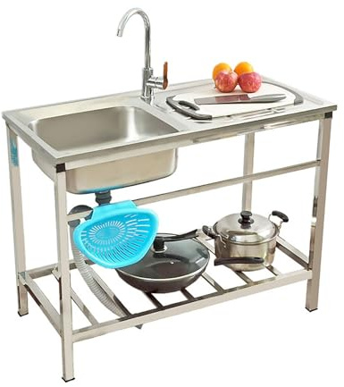 Lavello A Una Vasca In Acciaio Inox Lavamani Lavello Da Cucina Commerciale Con Rubinetto E Banco Da Lavoro Lavandino Da Giardino Con Portaoggetti Lavello Da Esterno Forte Stabilità Per Lavanderia (Si