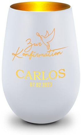 GRAVURZEILE Deko Windlicht aus Glas mit Gravur - Taube - Zur Kommunion Konfirmation & Taufe - Personalisiert mit Anlass Name Datum - Personalisierte Geschenke für Mädchen & Jungen - Weiß/Gold