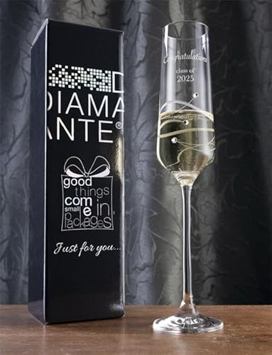 DIAMANTE Graduation Champagne Flute with 'Congratulations Class of 2025' Etching Prom Glass, Lead-Free Crystal, Set of 1 in Gift Box