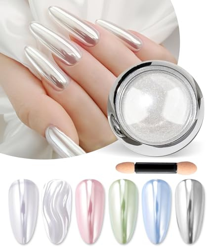 BISHENGYF Polvo de Uñas Cromado Blanco【1G-Super Mirror】Efecto Espejo, Sirena Metálica y Perlado para Decoración de Uñas
