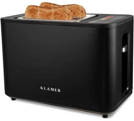 KLAMER Toaster mit Brötchenaufsatz, hochwertiger 2 Scheiben-Toaster, 6 Bräunungsgrade, Touch Display, mit Krümelschublade, Matt Schwarz