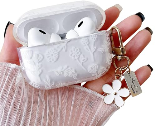 MINSCOSE Kompatibel mit AirPods Pro 2 Klar Hülle,Niedliche Blume Floral Ästhetisches Design mit Blumen Schlüsselanhänger,Weiche TPU Schutzhülle für Frauen Mädchen für AirPods Pro 2-Weiß