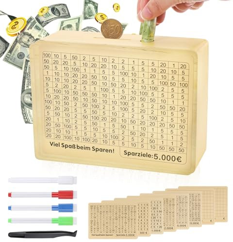 Fentar Hucha de Madera, Retro Caja de Ahorro 10.000 Euros, 500 to 10000 Caja de Ahorro, Personalización Huchas Originales para Adultos Niños, Hucha Ahorro 8 Pinzas de Pegatina Objetivo