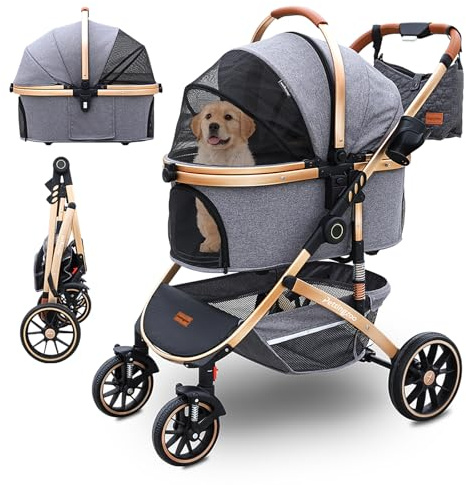 Pettingzoo Dog stroller with 4 Wheels, Folding Cat Stroller for Small/Medium/Large dogs & cats to 60 lbs, pet stroller with removable carrier, Storage BasketCup Holder,3 in1 Multifunctional Detachable