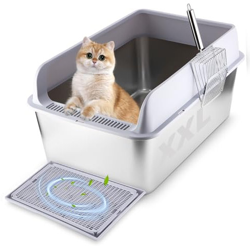 Katzenklo Edelstahl,Katzentoilette mit Schaufel und Matte, Extra Large Cat Litter Tray mit auslaufsicher, geruchlos und leicht zu reinigen, mit Abmessungen: 60 x 40 x 31 cm