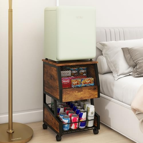 PUNCIA 14.2x14.4 IN Compact Refrigerator Stand with Beverage Storage and Wheels Rolling mini Fridge Cooler Table Mini Fridge Stand Small Refrigerator Cart for Dorm Home Office Bedroom