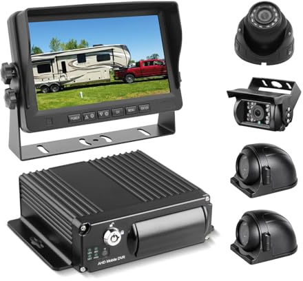 4 Channel 1080P H.265 Dual 512 GB Vehicle Car Mobile DVR System Video Recorder Loop Record with IR Night Vision Waterproof Front Side Backup Camera and 7 inch VGA Monitor for RV Truck Bus Camper Van