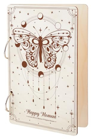 SUPERDANT Raccoglitore Ad Anelli In Legno con Fogli Mobili Biglietti di Auguri Happy Moment Porta Cartoline Copertina Ad Anelli Fasi Lunari Porta Biglietti A Farfalla Porta Libri Organizer
