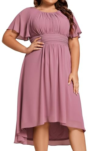 Ever-Pretty Plus Size Women Wedding Guest Dress A Line Crew Neck Short Sleeves Pleated Chiffon High Low Midi Dresses 02053