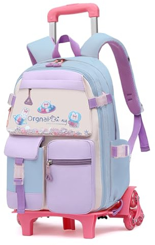 IvyH Trolley Rucksack mit Rollen, 16 Zoll Modisch Kinder Schulranzen mit Rollen für Mädchen, Abnehmbare Schulrucksack Trolley mit Räder, 1-4.Klasse, Blau