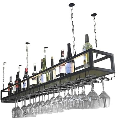 Portabicchieri da Vino in Ferro battuto retrò con ripiano in Legno massello, espositore da Cucina sospeso per Piante, portabicchieri da Vino Montato a Parete (120x25x100 cm)