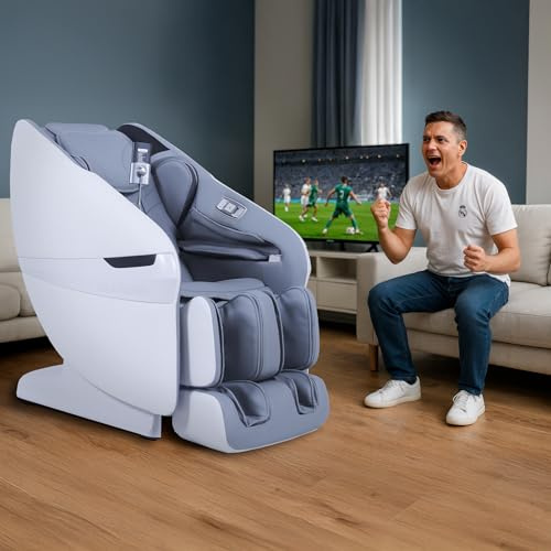 GLOBAL RELAX REAL Madrid | Elite PRO Limited Edition Massagesessel 4D offizielles Real Madrid | Schwerelosigkeit | Pressotherapie | Körperscannen mit KI | SL-Massagezug mit 135 cm | Bluetooth