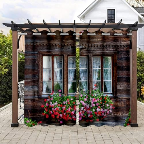 Hiseng Outdoor Vorhang Wasserdicht, Wetterfest Outdoor Pergola Vorhang Blickdicht 2 Stück Outdoorvorhänge Wetterfest Sichtschutz Sonnenschutz Balkon Pavillon, 3D-Landschaft (Holzhaus,200x213cm)