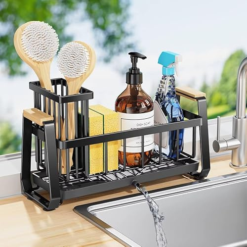 Youhmy Organizador de Cocina para Fregadero con Desagüe, Escurreplatos para Esponjas, Estropajo y Jabón con Bandeja Autodrenante, Organizador Negro para Esponjas, Accesorios de Cocina