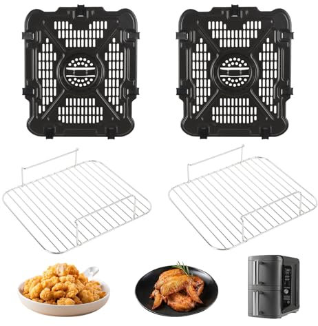 Ninja Heißluftfritteuse Zubehör, 2 Gitter Edelstahl und 2 Spritzschutz mit 8 Gummipuffer Airfryer Zubehör für Ninja SL401 Dual Stack XL 2, Spülmaschinenfester