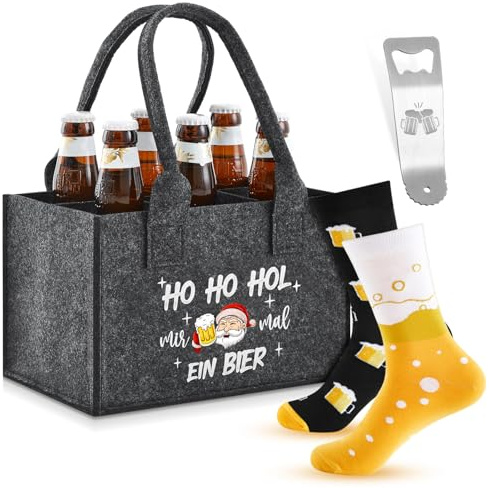 SATINIOR Bier Geschenke für Weihnachten 24 x 15 x 15 cm Männerhandtasche aus Extra Dickem Filz mit 6 Fächern und Lustige Bier Socken Flaschenöffner Flaschenträger für Geburtstag Männertag Herren