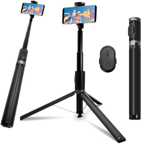 Perche à selfie de 170 cm avec télécommande Bluetooth, trépied de voyage adapté pour selfies, enregistrements vidéo et vlogs, trépied rotatif et extensible pour téléphone portable Android iPhone
