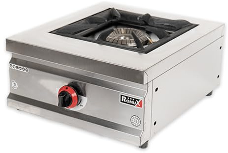 Romux Cuisinière industrielle à gaz 1 feu de 45 x 50 cm en acier inoxydable avec régulateur de feu et thermocouple | Réchaud à gaz butane pour bars et restaurants