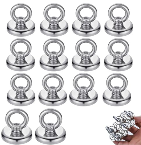 sinzau Magnetkrok 14 stycken, 16 mm magnet med krok, neodym-magneter, ögla magnetisk krok, neodym öljettmagnet, för kylskåp kök garage camping