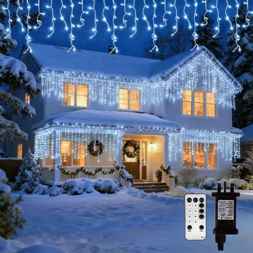 Opard Icicle Lights Outdoor Christmas Lights 7.8M 200 LEDs, Cold White, Plug in Outdoor Fairy Lights with Remote Control Timer 8 Modes IP65 Waterproof