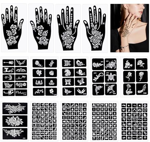 247 tatuaggi a forma di henné, riutilizzabili, con fiori temporanei e henné, set di stencil per il viso, per le dita, alla moda, per donne, ragazze, ragazze, Halloween, feste, eventi festivi