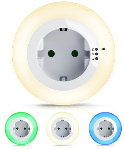 Brandson - Nachtlicht für die Steckdose - LED Nachtlampe mit Dämmerungssensor und Helligkeitssensor - Auto ON OFF - Orientierungslicht mit 3 Lichtfarben Warmweiß Blau Grün - Kinder Erwachsene Senioren