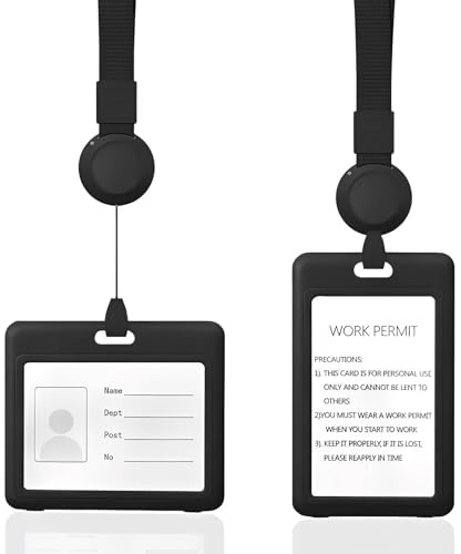 ATTEEFI 2 Stück Kartenhalter Ausweis Transparente Doppelseitig, Ausweishülle mit Band Ausziehbar, Dienstausweis Hülle für Arbeitsausweis, Zugangskarte, ID-Karte, Schwarz, Horizontal und Vertikal