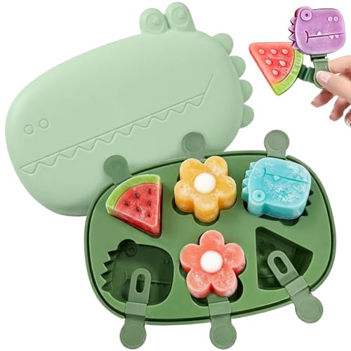 Bellanova Molde Helados Silicona 6 Cavidades, Sin BPA | Forma Cocodrilo con Tapa y Palitos para Mini Polos Caseros