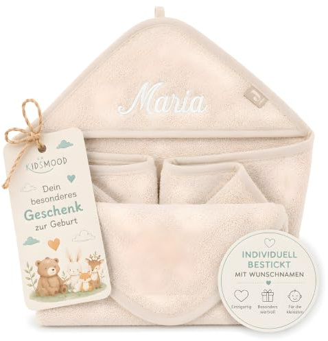 Kidsmood - personalisiertes Kapuzenhandtuch Baby | Niedliches Babyhandtuch, Bestickt mit Namen | Flauschig & sicher für zarte Babyhaut Liebevolles Geschenk zur Geburt Mädchen & Jungen (100x100 cm)