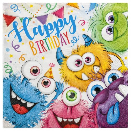 Ameisenkeks® Funny Monsters Lot de 20 serviettes de table 33 x 33 cm - 3 couches - Motif monstres colorés - Certifiées FSC® - Serviettes en papier pour anniversaire d'enfant et anniversaire