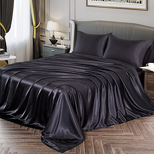 Vonty King-Size-Bettwäsche-Set, seidig weiches Satin, schwarzes Satin-Bettlaken-Set, 1 Spannbetttuch mit tiefer Tasche, 1 Bettlaken + 2 Kissenbezüge