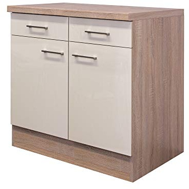 Flex-Well Unterschrank Nepal - Küchenschrank - 2-türig - 2 Schubladen - Breite 80 cm - Creme glänzend/Eiche Sonoma