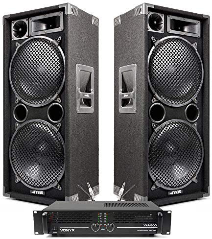 Max SP212 Dual 12-Inch Passive DJ Speakers & Vonyx VXA-800 Amplifier PA System Kit - 1400W Full Range Sound System for DJ Disco Karaoke Live Stage Performance Bundle with Cables