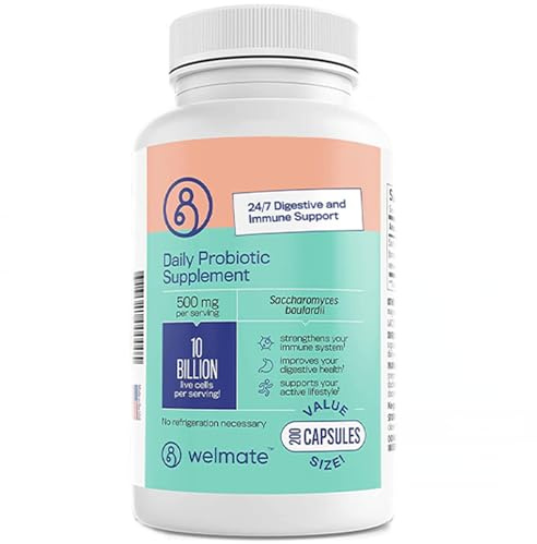 WELMATE - Daily Probiotic Supplement (200 Capsules) Saccharomyces Boulardii 500mg - 24/7 Digestive Support, Immune Support - 10 Billion CFU - Over-The-Counter Medication - Vegan, Gluten Free, Non GMO